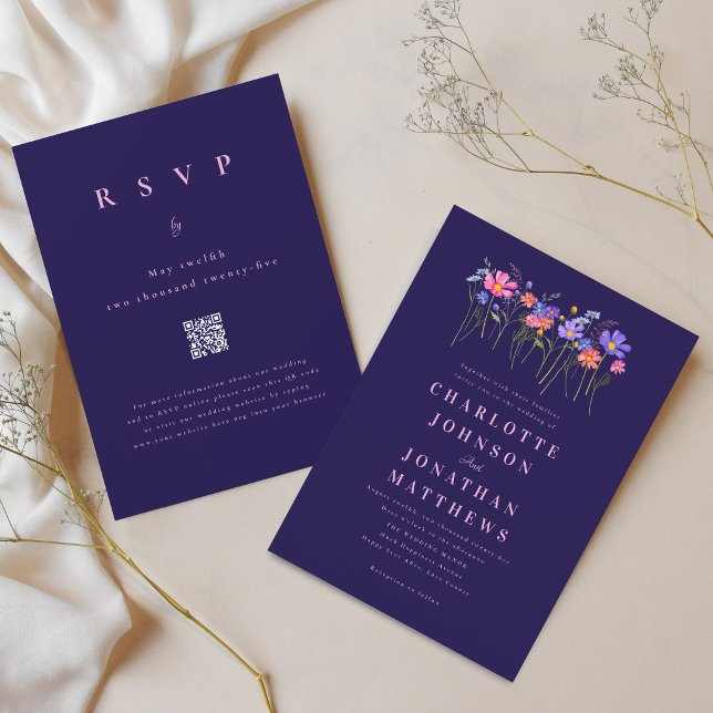 Invitación Boho Wildflower Navy Blue Pink Wedding QR Code (Elegant wildflower vibrant blue pink floral navy blue wedding qr code invitation)