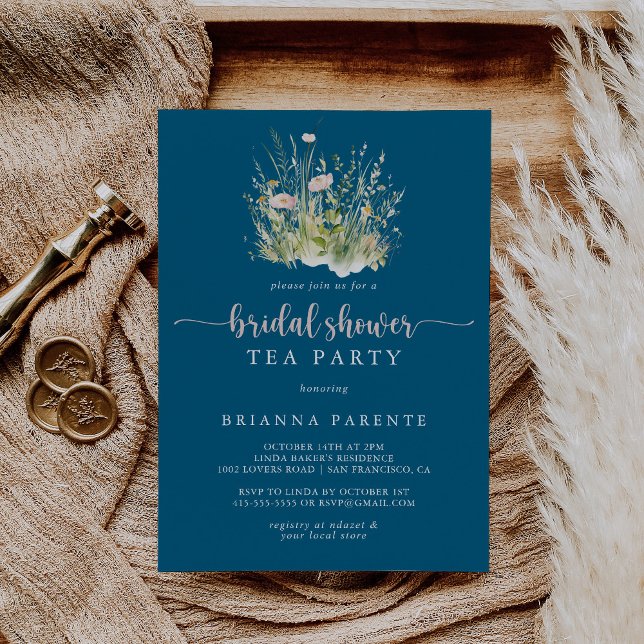 Invitación Boho Wildflower Navy Bridal Shower Tea Fiesta (Subido por el creador)