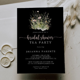Invitación Boho Wildflower Negro Bridal Shower Tea Fiesta