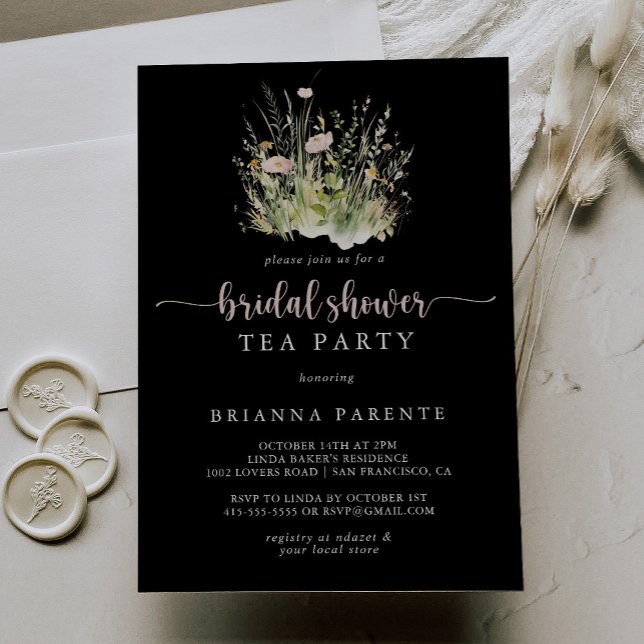 Invitación Boho Wildflower Negro Bridal Shower Tea Fiesta (Subido por el creador)