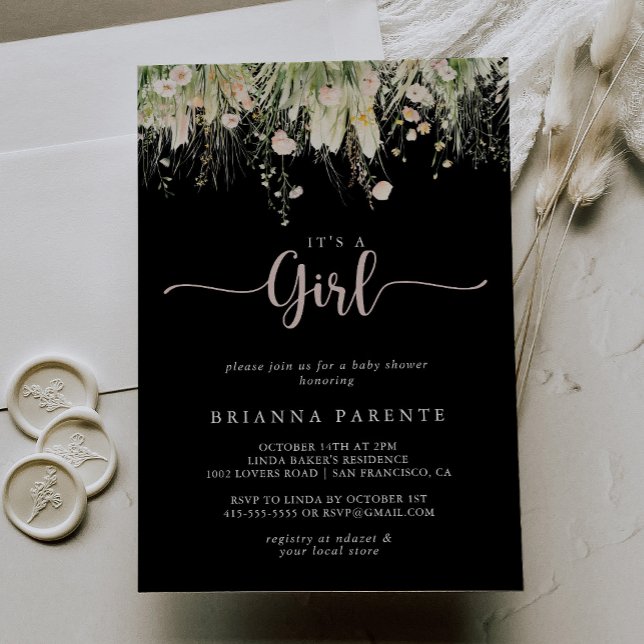 Invitación Boho Wildflower Negro es un Baby Shower Chica (Subido por el creador)