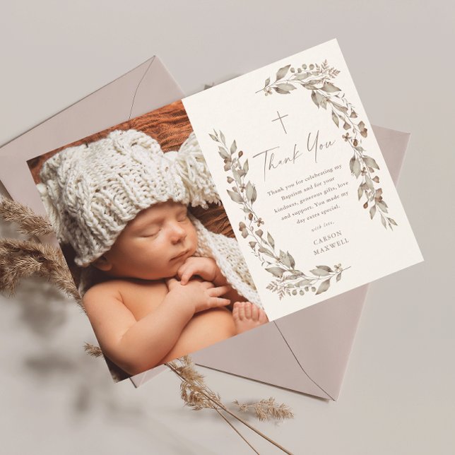 Invitación Boho Wildflower Neutral Foto Bautismo Gracias (Boho wildflower elegant ivory gender neutral photo baptism thank you card.)