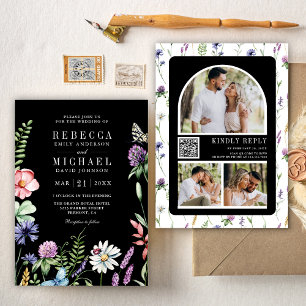 Invitación Boho Wildflower Photo QR Code Boda negro
