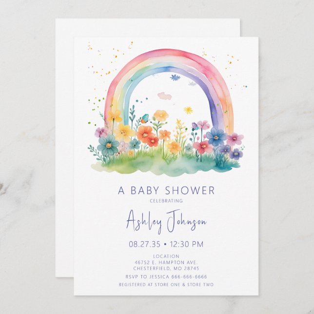 Invitación Boho Wildflower Rainbow Baby Shower (Anverso / Reverso)