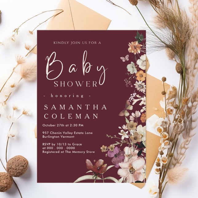 Invitación Boho Wildflower Rustic Burgundy Baby Shower (Subido por el creador)