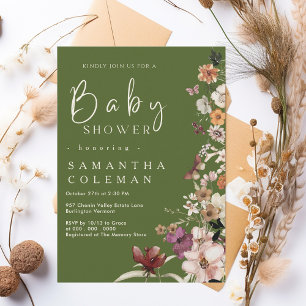 Invitación Boho Wildflower Rustic Moss Green Baby Shower