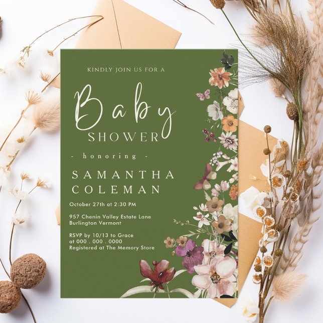 Invitación Boho Wildflower Rustic Moss Green Baby Shower (Subido por el creador)