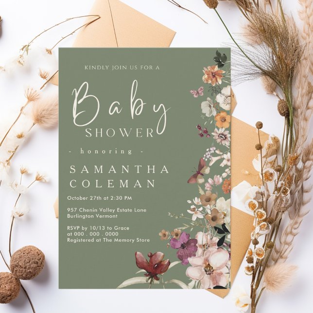 Invitación Boho Wildflower Rustic Sage Green Baby Shower (Subido por el creador)