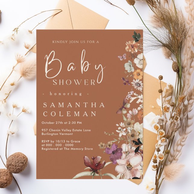 Invitación Boho Wildflower Rustic Terracotta Baby Shower (Subido por el creador)