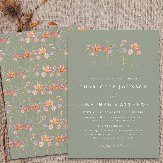 Invitación Boho Wildflower Sage Green Boda (Wildflower boho fall floral sage green Wedding invitation Watercolor meadow flowers elegant modern)