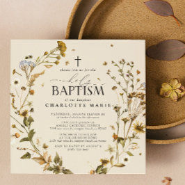 Invitación Boho Wildflower Santo Bautismo Elegante Cruz Flora