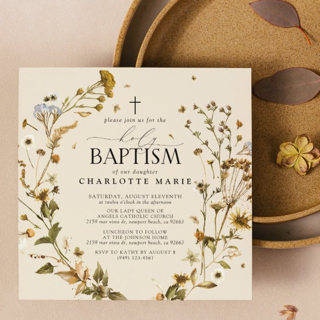Invitación Boho Wildflower Santo Bautismo Elegante Cruz Flora (Holy Baptism Invitations!)