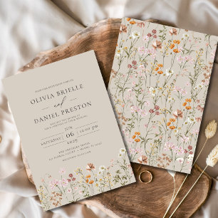 Invitación Boho Wildflower Taupe Beige Boda Jardín