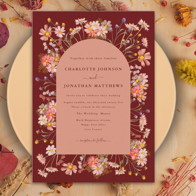 Invitación Boho Wildflower Terracotta Arch Fall Wedding (Burnt orange wildflower fall wedding arch invitation)