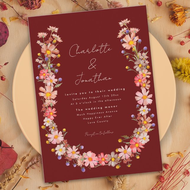 Invitación Boho Wildflower Terracotta Fall Wedding (Boho wildflower fall wedding invitation terracotta burnt orange peach beige purple pink dried flower)