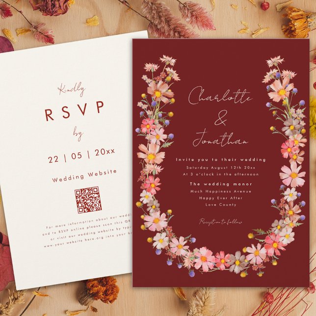 Invitación Boho Wildflower Terracotta Fall Wedding (Wildflower Dried flower wreath terracotta fall wedding invitation )