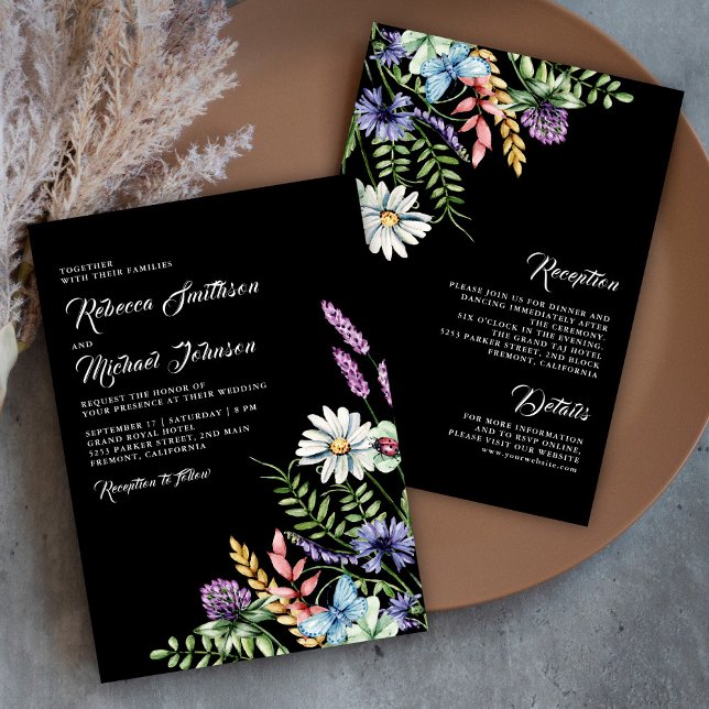 Invitación Boho Wildflower Todo en Uno Boda Negra (Subido por el creador)