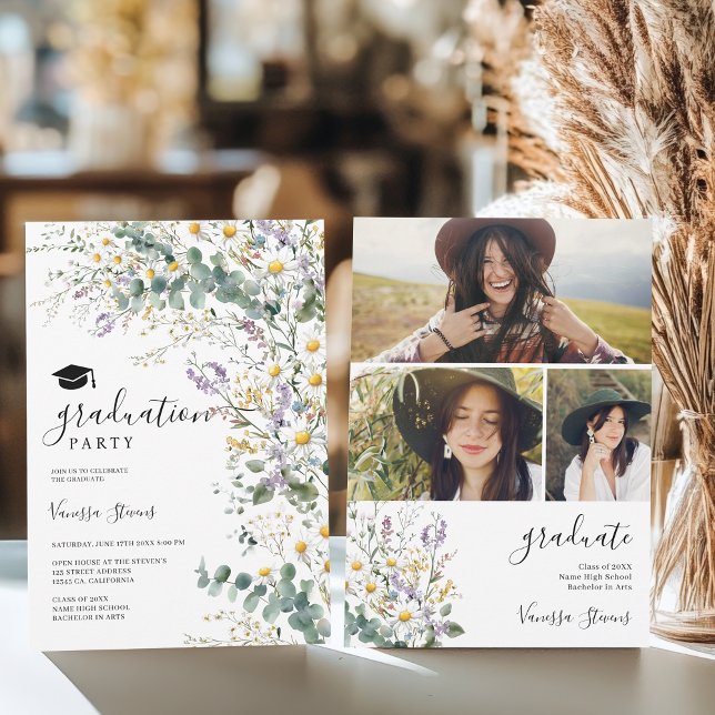 Invitación Boho Wildflowers 3 Fotos Graduación de la Bonito (Boho Wildflowers 3 Photos Pretty Graduation Invitation)
