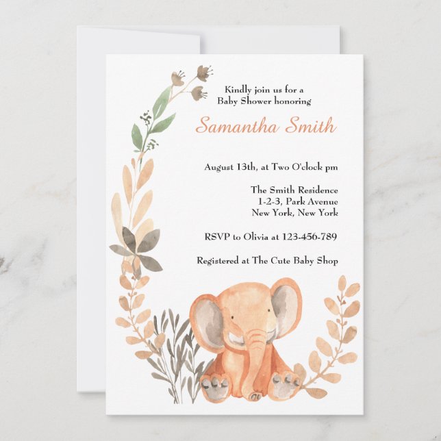 Invitación Boho Wildflowers Baby Elephant Baby Shower (Anverso)