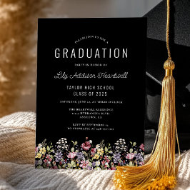 Invitación Boho Wildflowers Black Graduation Party