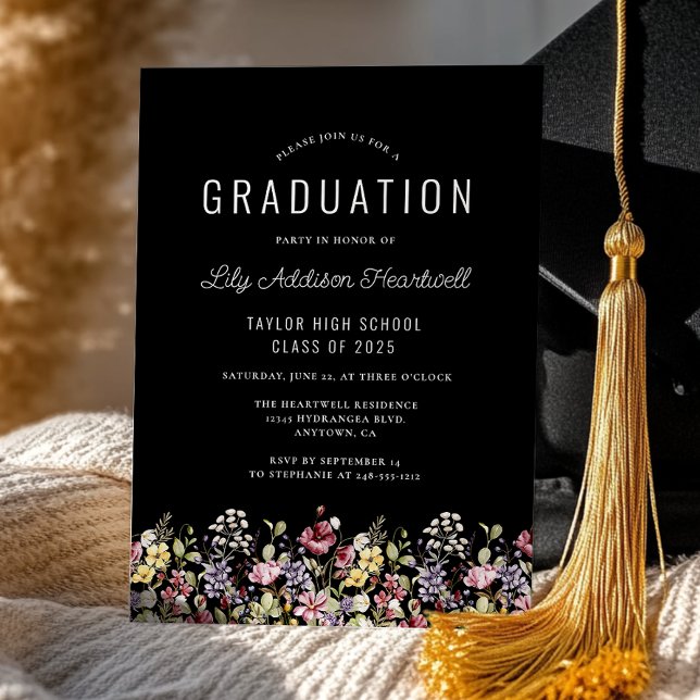 Invitación Boho Wildflowers Black Graduation Party (Subido por el creador)