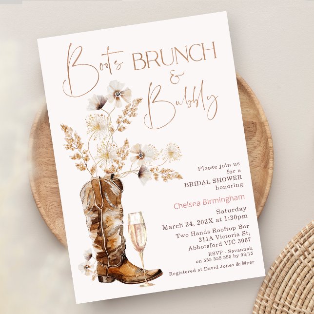 Invitación Boho Wildflowers Boots Brunch Bubbly Bridal Shower (Boho Floral Boots Brunch Bubbly Bridal Shower Invitation, Wildflowers Boots Bubble Bridal Shower)