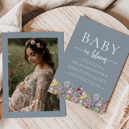 Invitación Boho Wildflowers Dusty Blue Photo Baby Shower