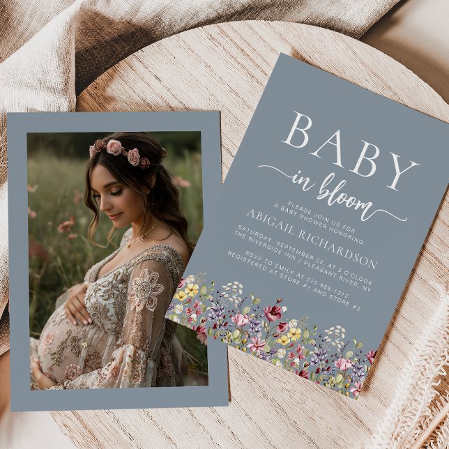 Invitación Boho Wildflowers Dusty Blue Photo Baby Shower (Subido por el creador)
