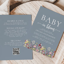Boho Wildflowers Dusty Blue QR Code Baby Shower