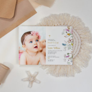 Invitación Boho Wildflowers Foto Chica del bautismo