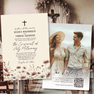 Invitación Boho Wildflowers Foto y código QR Boda católico