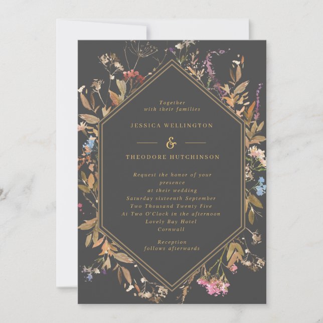 Invitación Boho Wildflowers Gray & Gold Geo Frame Boda (Anverso)