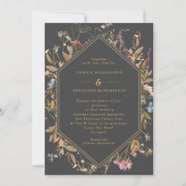 Invitación Boho Wildflowers Gray & Gold Geo Frame Boda