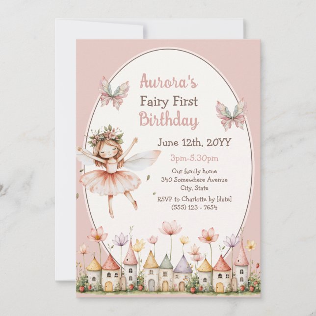 Invitación Boho Wildflowers niña hada Cumpleaños primero (Anverso)