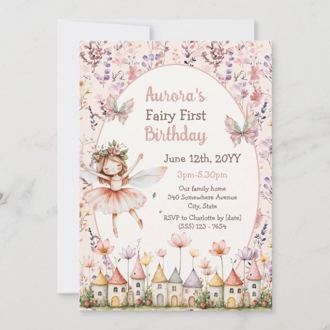 Invitación Boho Wildflowers niña hada Primer cumpleaños (Anverso)