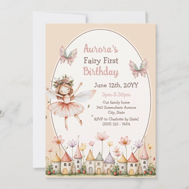 Invitación Boho Wildflowers niña hada Primer cumpleaños (Anverso)