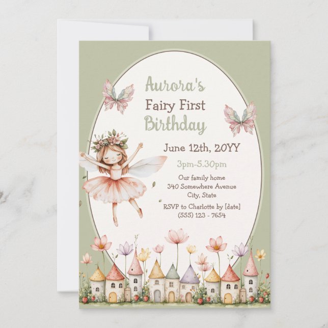Invitación Boho Wildflowers niña hada Primer cumpleaños (Anverso)