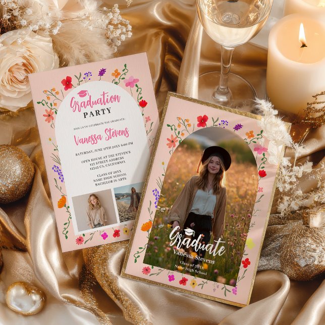 Invitación Boho wildflowers Pink Garden photos graduation (Boho wildflowers Pink Garden photos graduation Invitation)