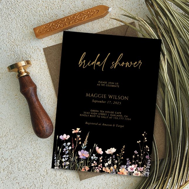 Invitación ¡Boho Wildflowers Pop! Ducha negra de novia (Boho Wildflowers Pop! Black Bridal Shower Invitation Personalized)