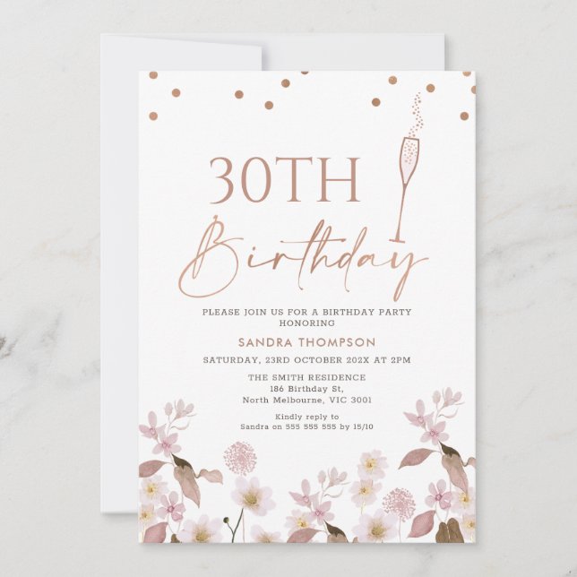 Invitación Boho Wildflowers Rosa de Oro Cualquier Cumpleaños  (Anverso)