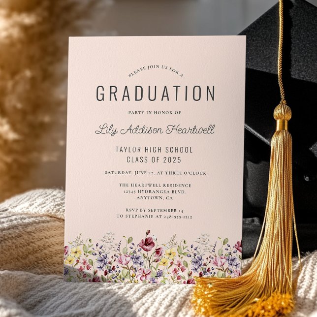 Invitación Boho Wildflowers Rubor Pink Graduation Party (Subido por el creador)