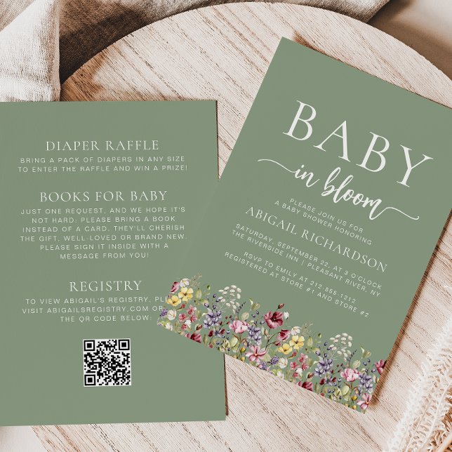 Invitación Boho Wildflowers Sage Green QR Code Baby Shower (Subido por el creador)