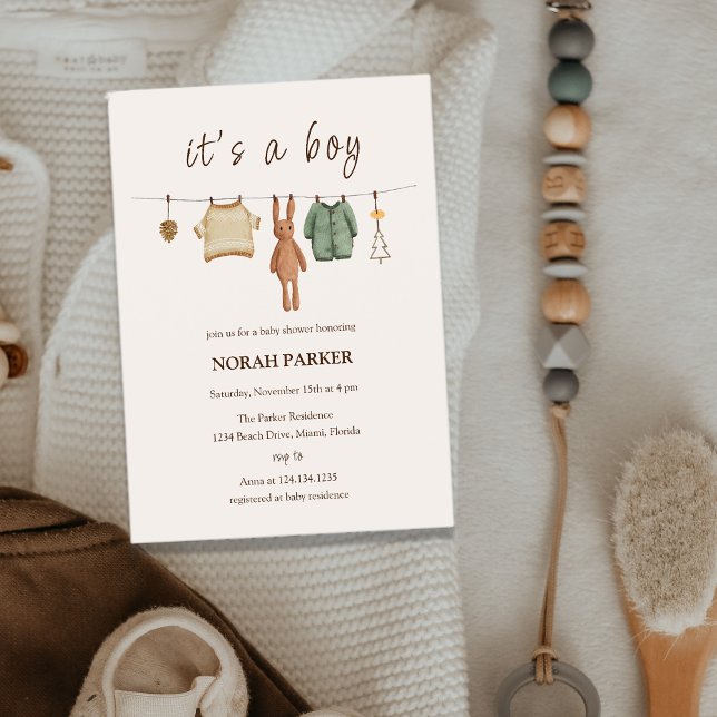Invitación Boho Winter Boy Ropa Baby Shower (Boho Winter Boy Clothes Baby Shower Invitation)