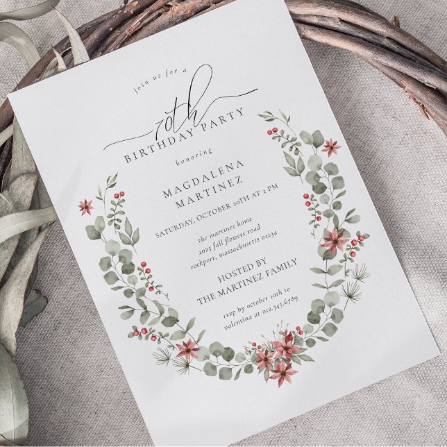 Invitación Boho Winter Greenery Red Floral 70 cumpleaños (Subido por el creador)