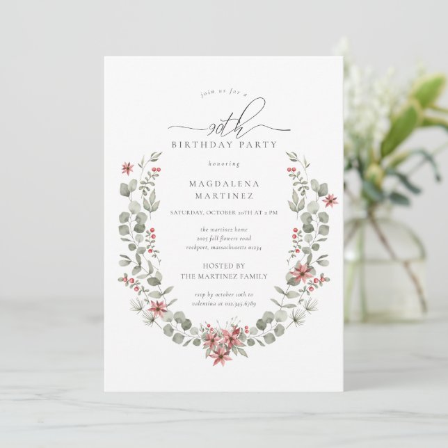 Invitación Boho Winter Greenery Red Floral 90 cumpleaños (Anverso de pie)
