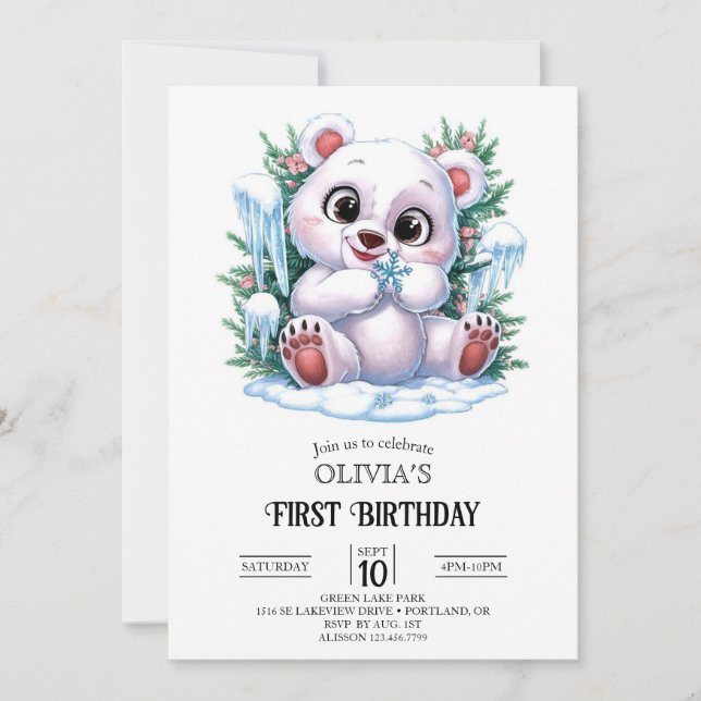 Invitación Boho Winter Polar Bear 1er cumpleaños digital (Anverso)