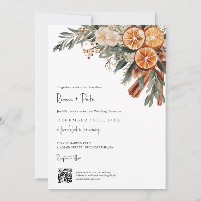 Invitación Boho Winter Wedter código Qr RSVP todo en uno (Anverso)