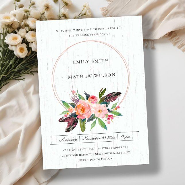 INVITACIÓN BOHO WOOD FEATHER RUBOR FLORAL WREATH BODA (Subido por el creador)
