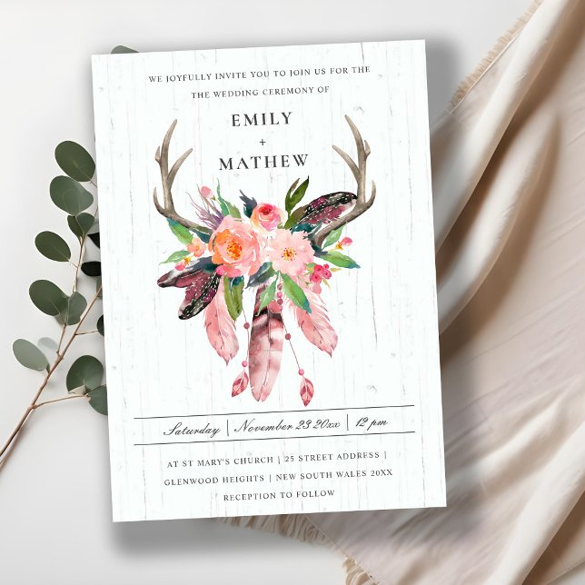 INVITACIÓN BOHO WOOD RUBOR ANTLER DREAM CATCHER FLORA BODA (Subido por el creador)