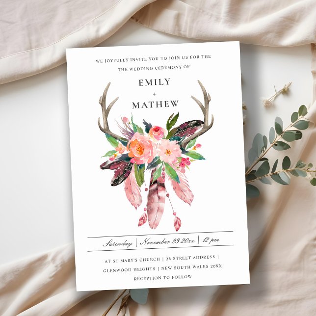 INVITACIÓN BOHO WOOD RUBOR ANTLER DREAM CATCHER FLORA BODA (Subido por el creador)